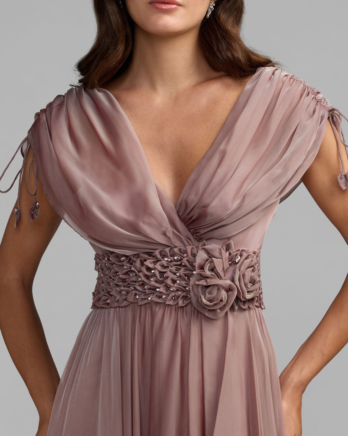 Mac Duggal Purple Crystal Floral Waist Chiffon Gown