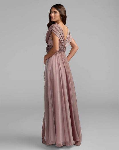 Mac Duggal Purple Crystal Floral Waist Chiffon Gown