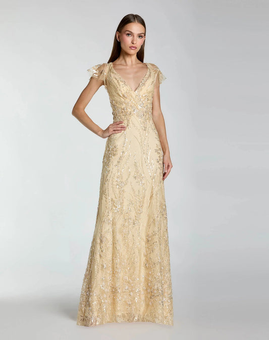 Mac Duggal Petite Gold V-Neck Flutter Sleeve Floral Embroidered Gown