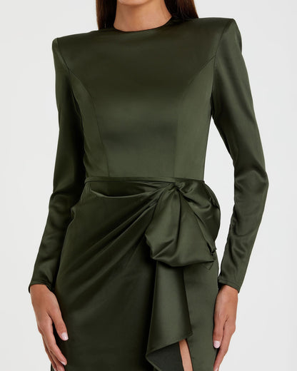 Mac Duggal Petite Green Long Sleeve Satin Structured Bow Draped Column Gown