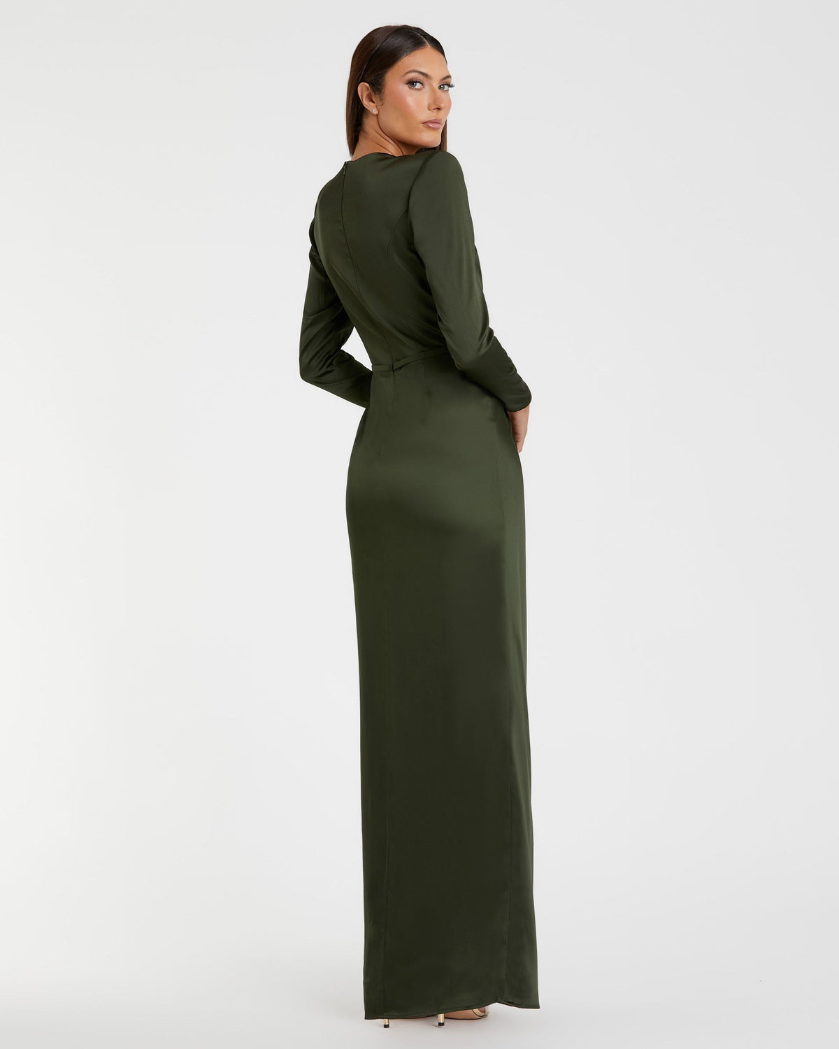 Mac Duggal Petite Green Long Sleeve Satin Structured Bow Draped Column Gown