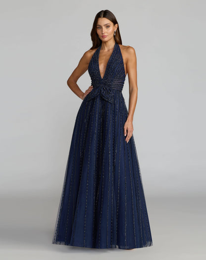 Mac Duggal Navy Beaded Halter Neck Open Back A-Line Gown