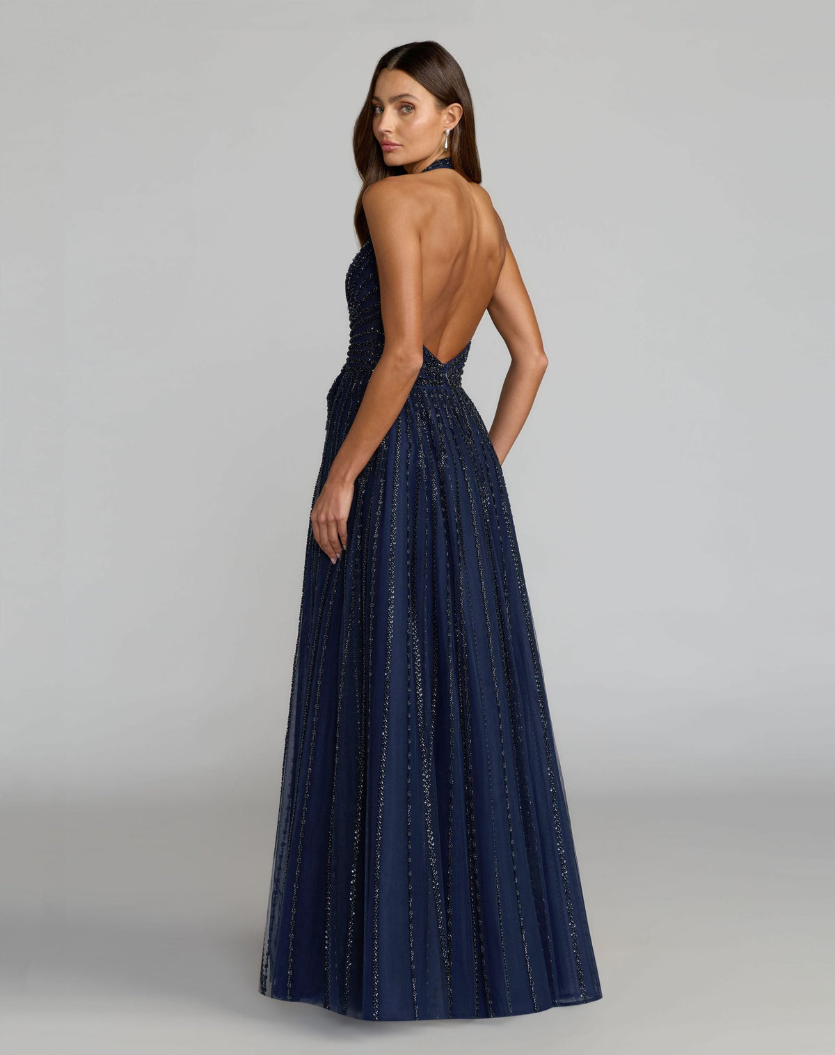 Mac Duggal Navy Beaded Halter Neck Open Back A-Line Gown