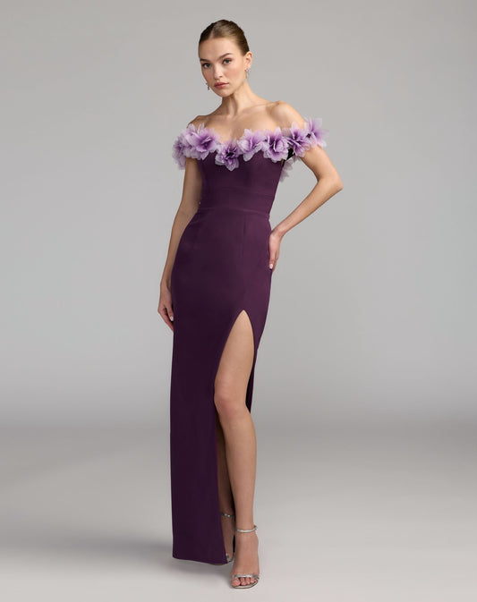 Mac Duggal Purple Off The Shoulder Column Gown With 3D Flowers