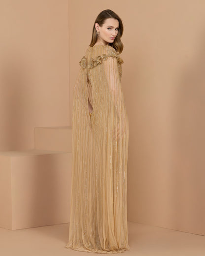 Mac Duggal Gold Embellished Cape Sleeve Column Gown