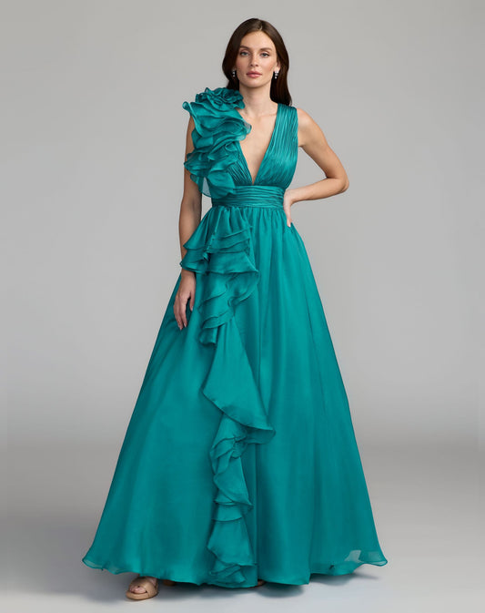 Mac Duggal Teal Ruffle Shoulder V-Neck Chiffon Gown