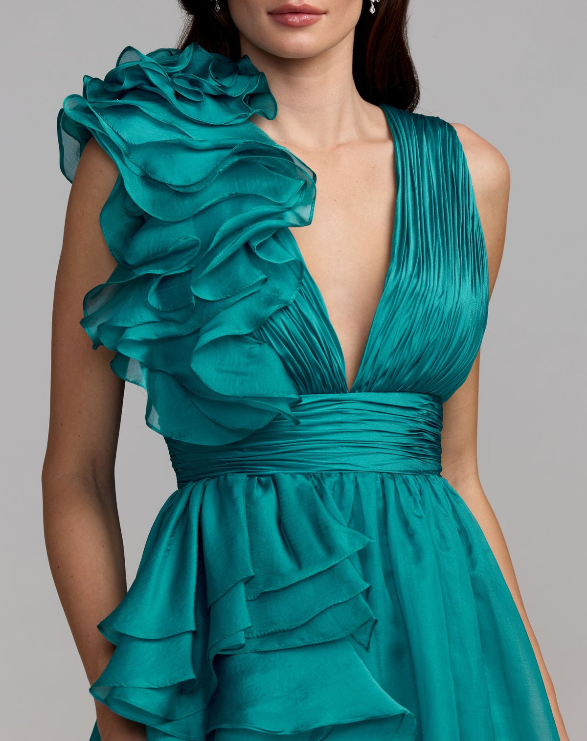 Mac Duggal Teal Ruffle Shoulder V-Neck Chiffon Gown