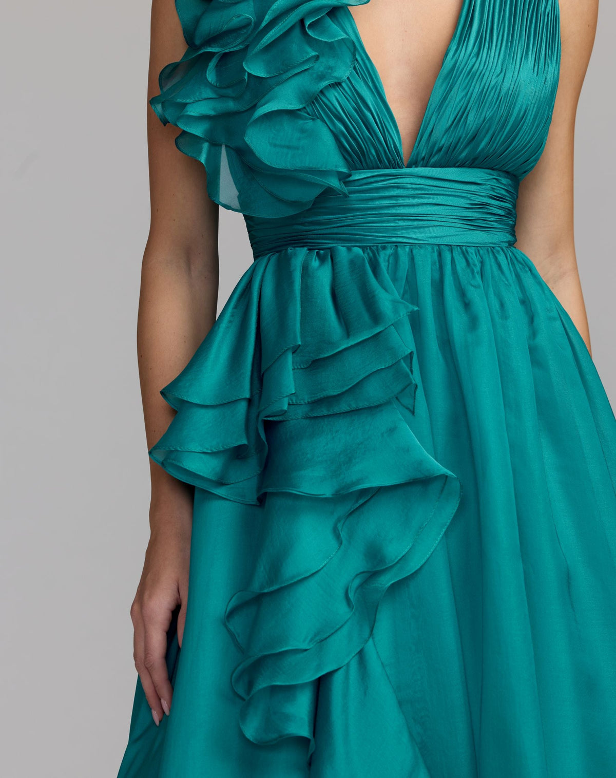 Mac Duggal Teal Ruffle Shoulder V-Neck Chiffon Gown