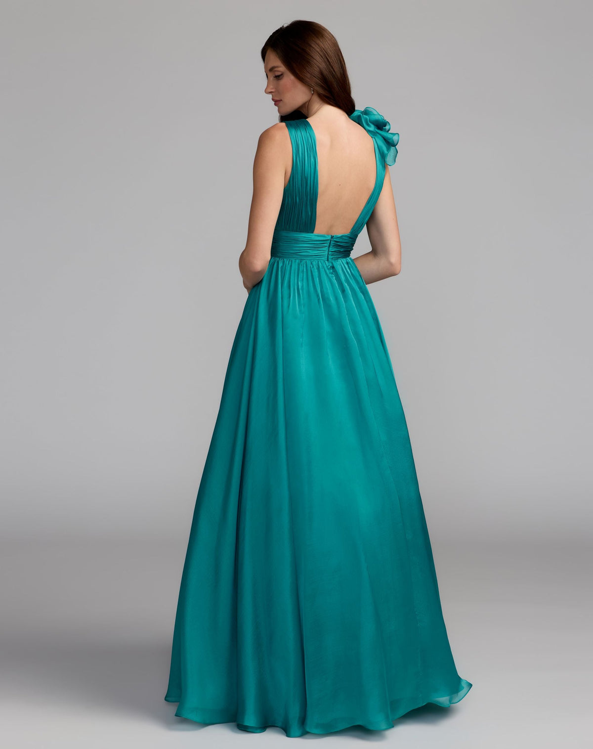 Mac Duggal Teal Ruffle Shoulder V-Neck Chiffon Gown