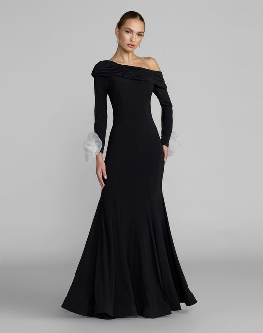 Mac Duggal Petite Black Jersey One Shoulder Long Sleeve Mermaid Gown