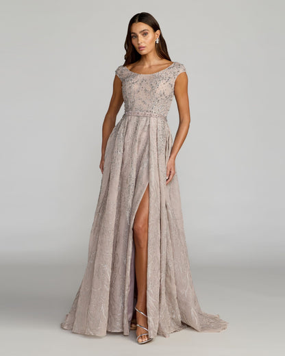 Mac Duggal Taupe Beaded Cap Sleeve A-Line Gown With Slit