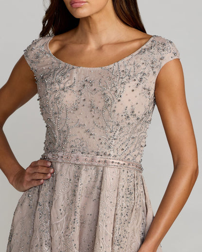 Mac Duggal Taupe Beaded Cap Sleeve A-Line Gown With Slit