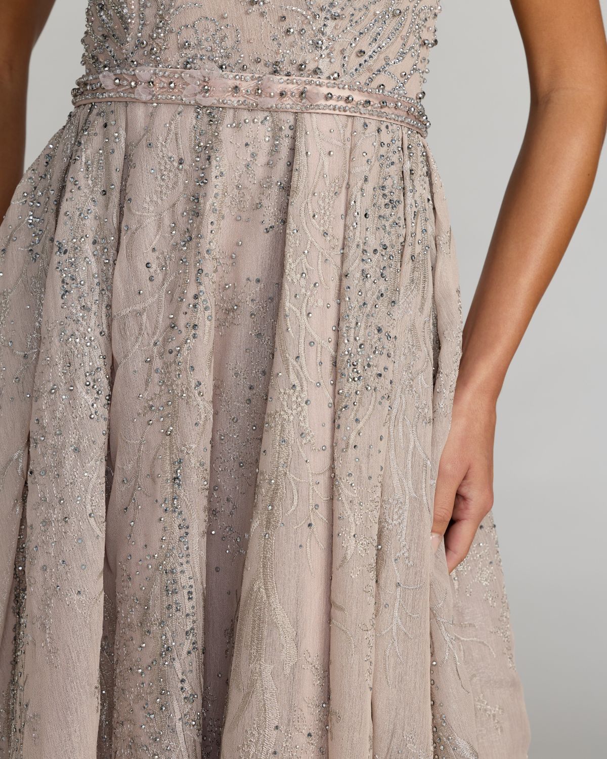 Mac Duggal Taupe Beaded Cap Sleeve A-Line Gown With Slit