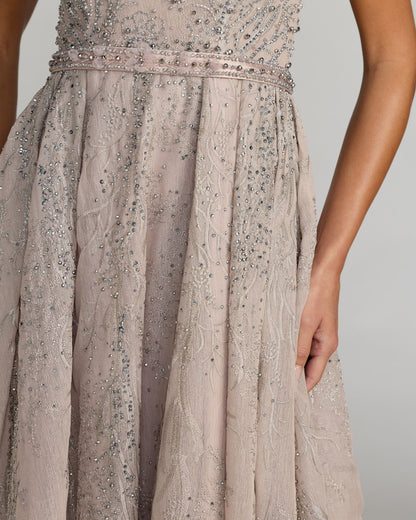 Mac Duggal Taupe Beaded Cap Sleeve A-Line Gown With Slit