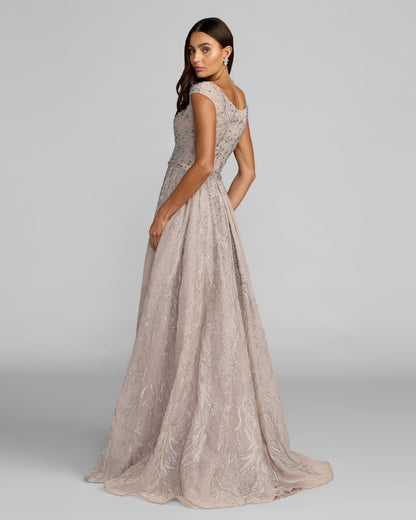 Mac Duggal Taupe Beaded Cap Sleeve A-Line Gown With Slit