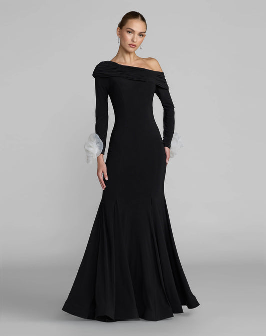 Mac Duggal Black One Shoulder Long Sleeve Jersey Gown