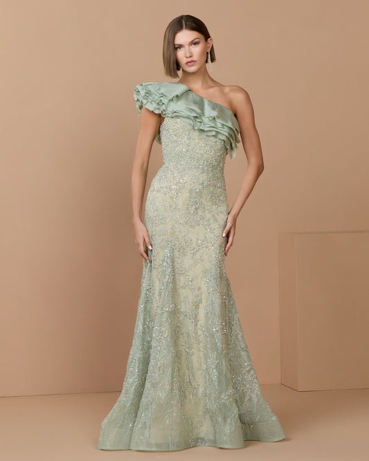 Mac Duggal Green Embellished Lace One Shoulder Trumpet Gown