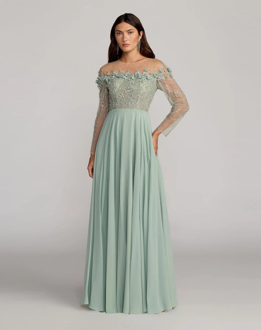 Mac Duggal Green Embellished Off The Shoulder Gown With 3D Flowers