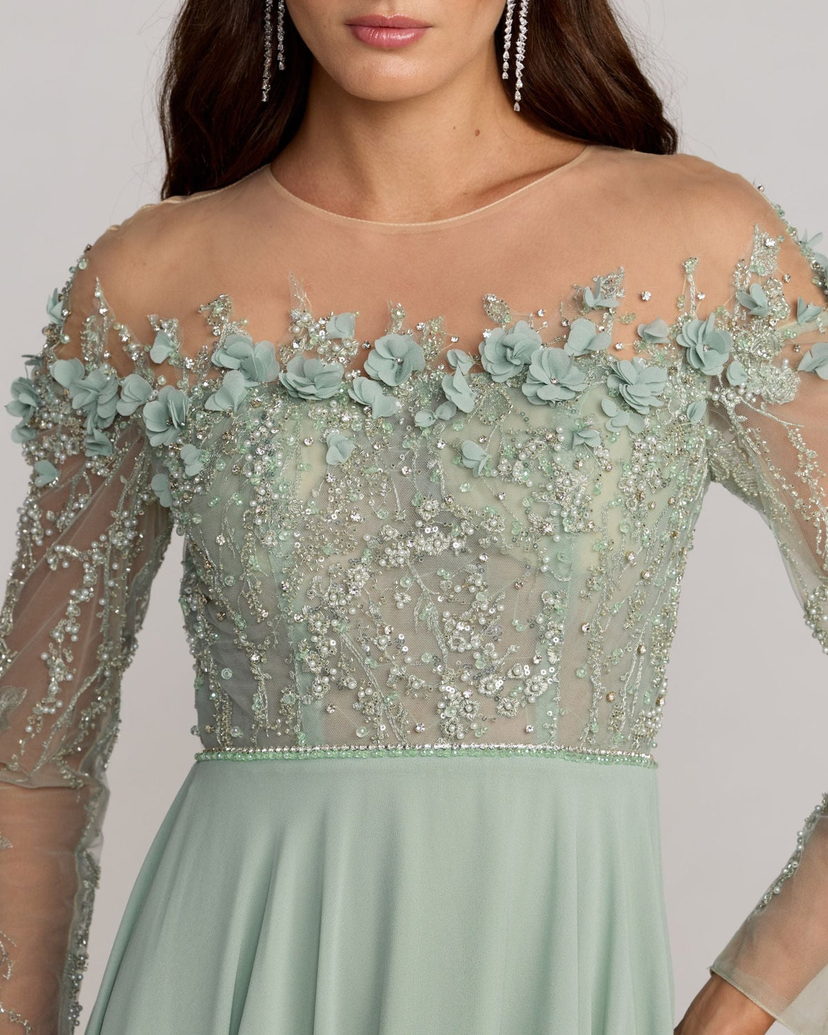 Mac Duggal Green Embellished Off The Shoulder Gown With 3D Flowers