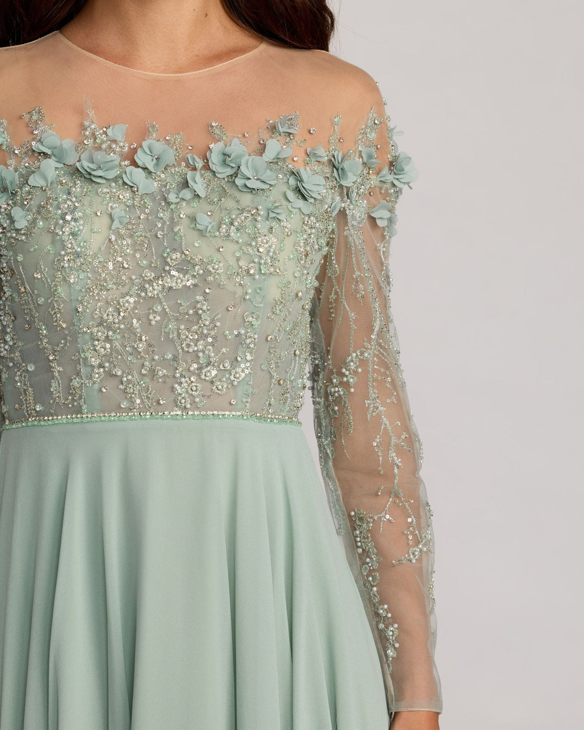 Mac Duggal Green Embellished Off The Shoulder Gown With 3D Flowers
