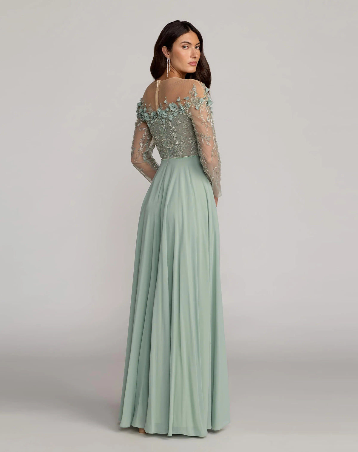 Mac Duggal Green Embellished Off The Shoulder Gown With 3D Flowers