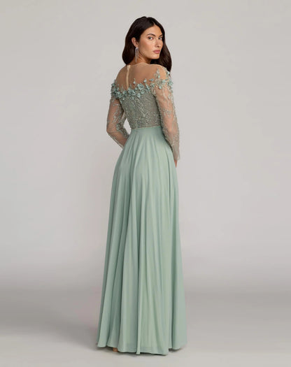 Mac Duggal Green Embellished Off The Shoulder Gown With 3D Flowers