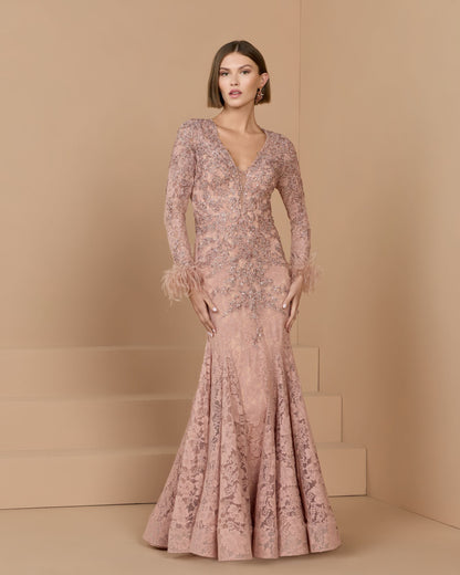Mac Duggal Pink Long Sleeve Feather Embellished Mermaid Gown