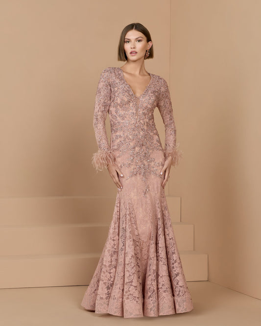 Mac Duggal Pink Long Sleeve Feather Embellished Mermaid Gown