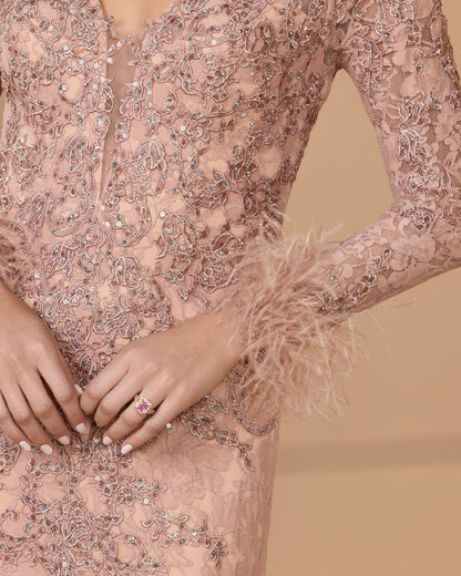 Mac Duggal Pink Long Sleeve Feather Embellished Mermaid Gown