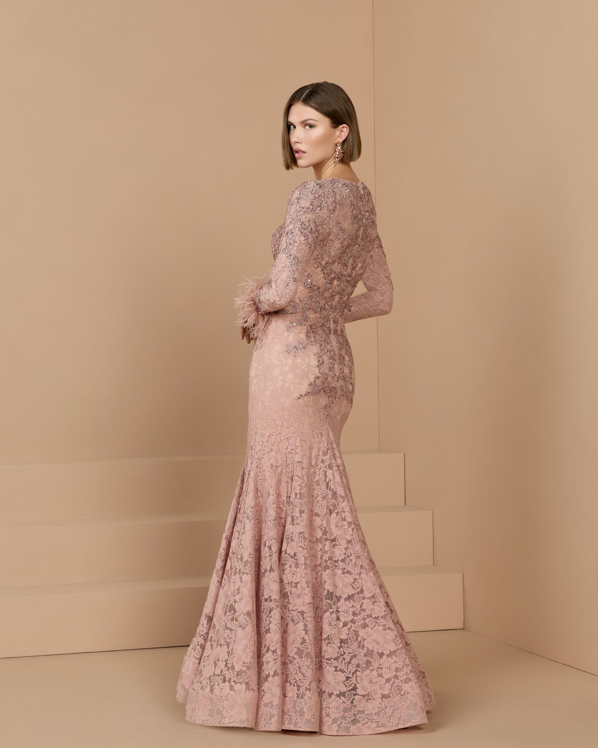 Mac Duggal Pink Long Sleeve Feather Embellished Mermaid Gown