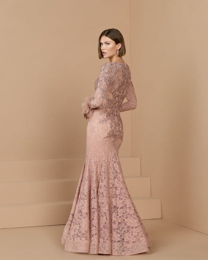 Mac Duggal Pink Long Sleeve Feather Embellished Mermaid Gown