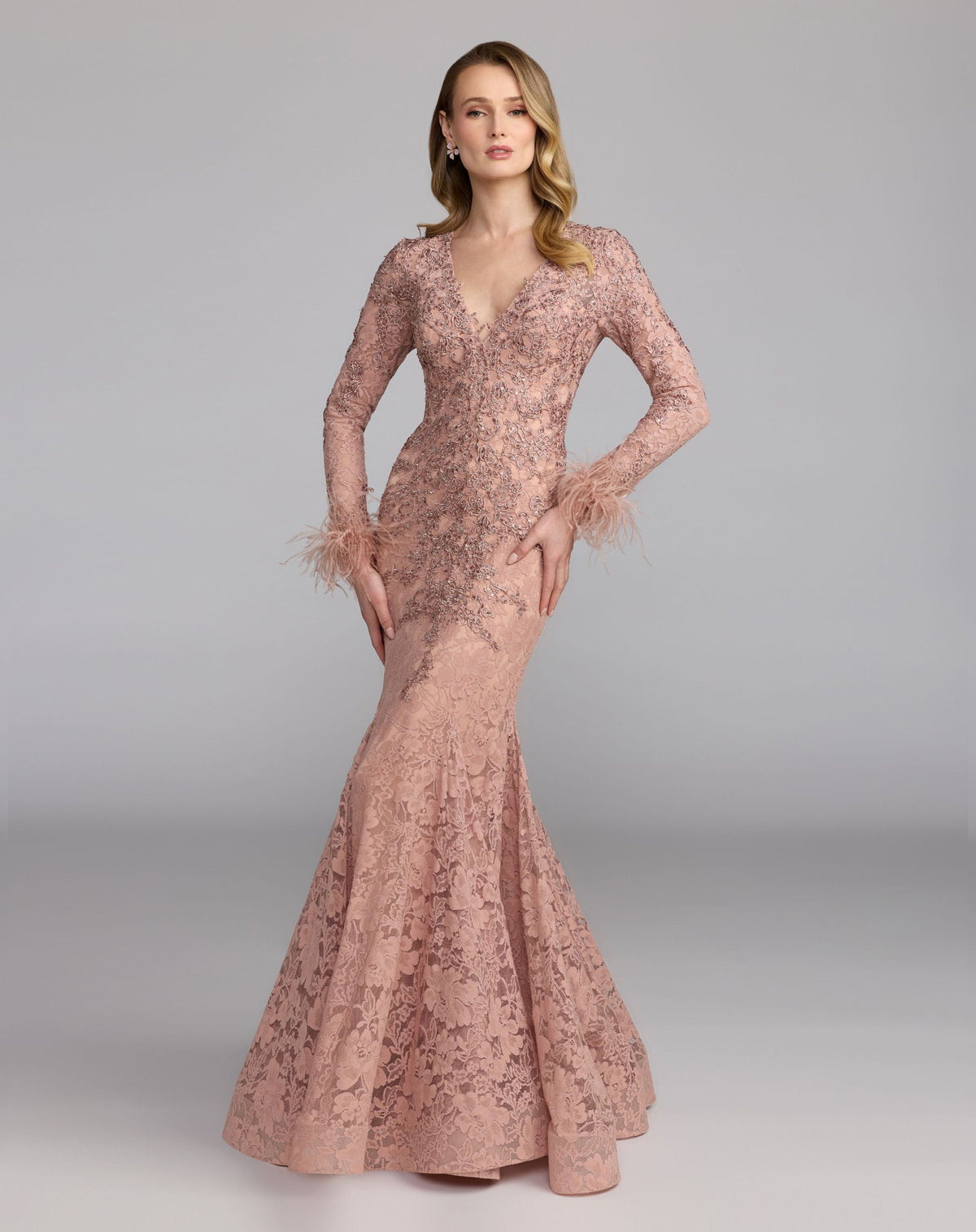 Mac Duggal Pink Long Sleeve Feather Embellished Mermaid Gown