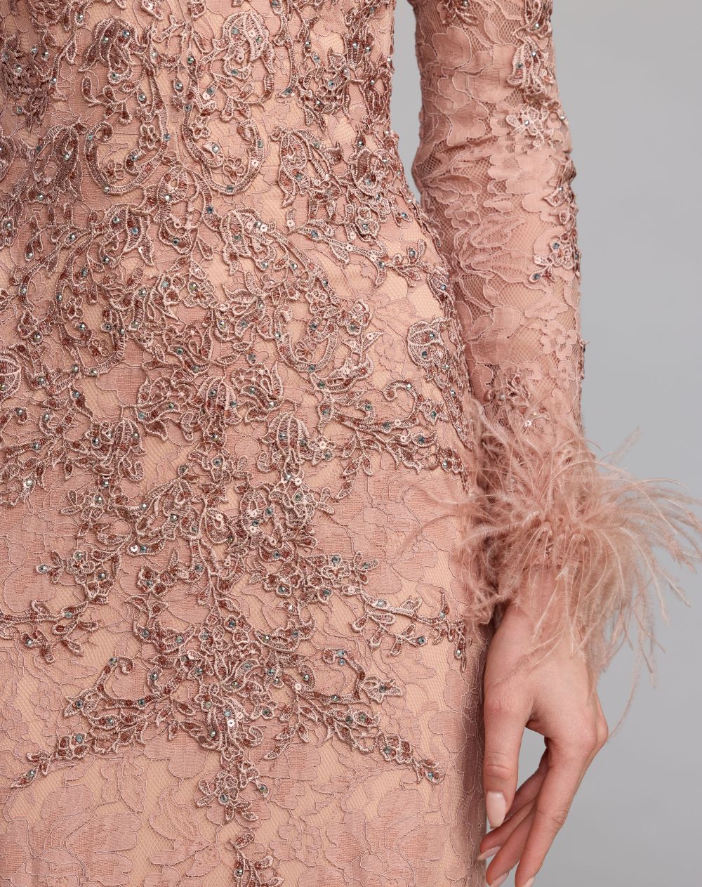 Mac Duggal Pink Long Sleeve Feather Embellished Mermaid Gown