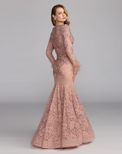 Mac Duggal Pink Long Sleeve Feather Embellished Mermaid Gown