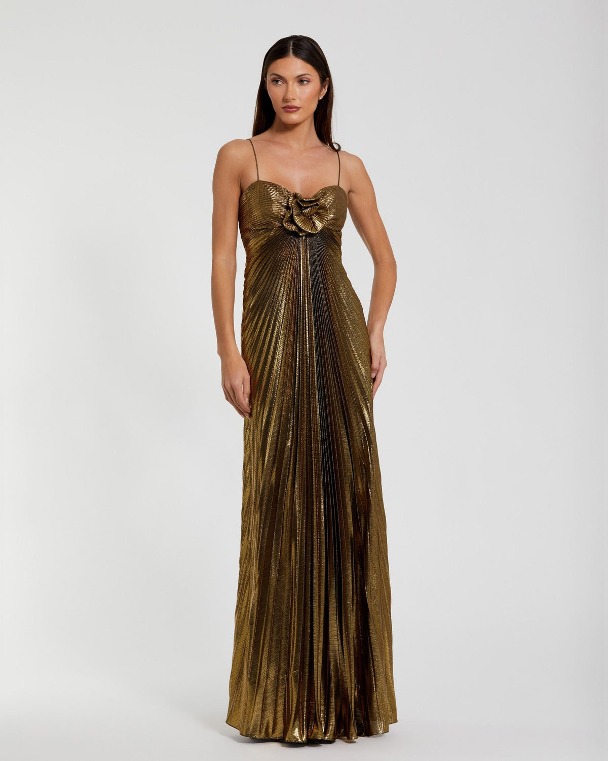 Mac Duggal Petite Gold Metallic Pleated Gown With 3D Flower