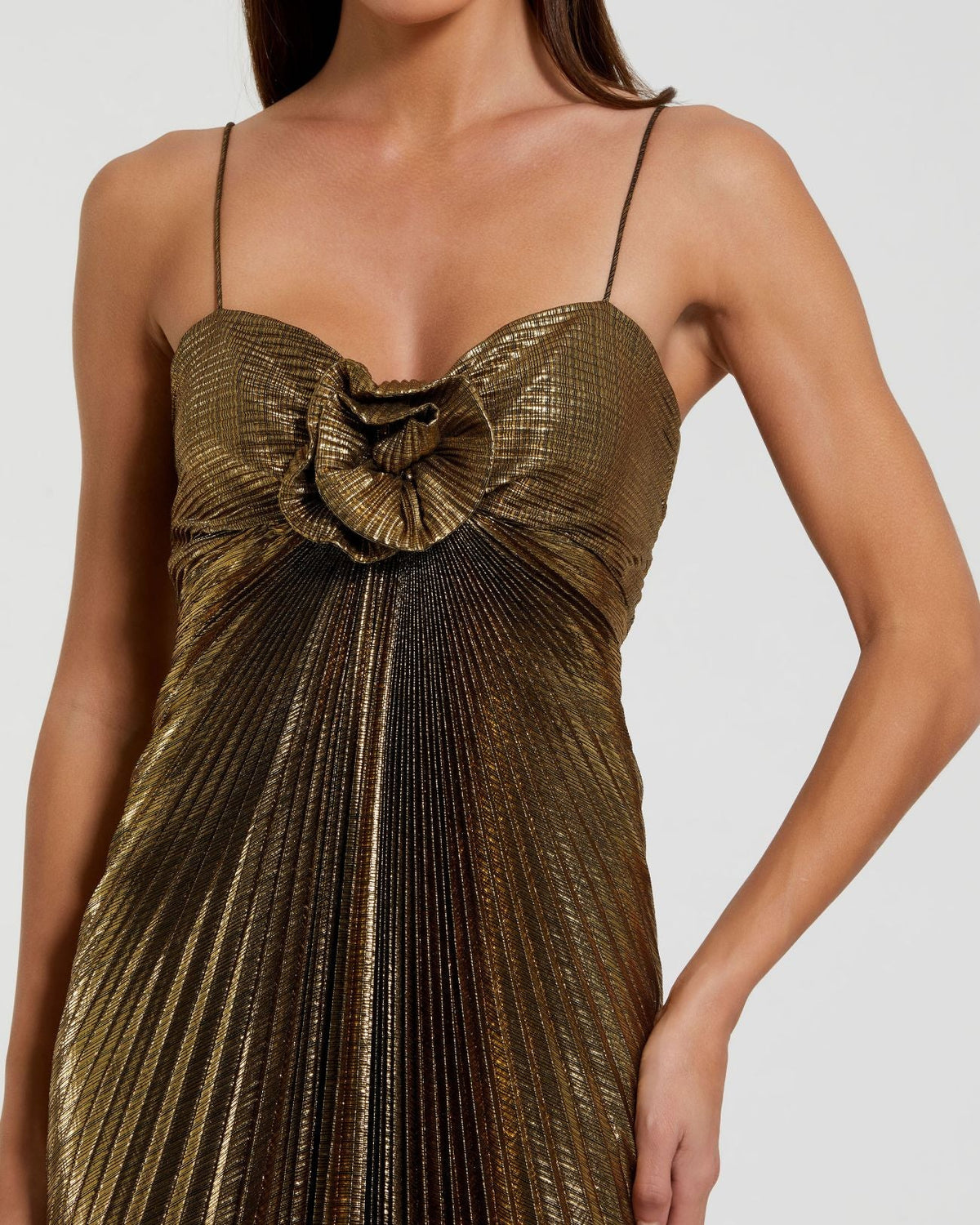 Mac Duggal Petite Gold Metallic Pleated Gown With 3D Flower