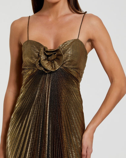 Mac Duggal Petite Gold Metallic Pleated Gown With 3D Flower