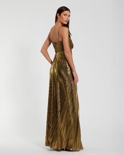 Mac Duggal Petite Gold Metallic Pleated Gown With 3D Flower