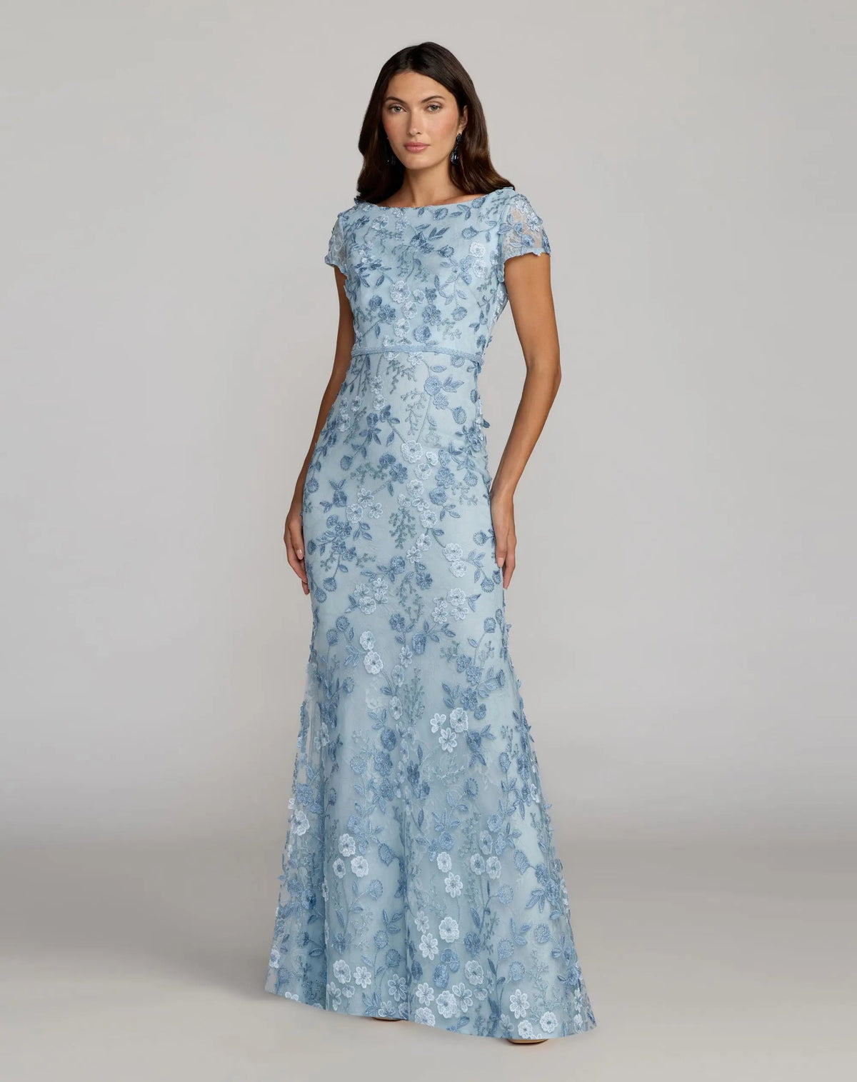 Mac Duggal Petite Blue Floral Applique Boat Neck Cap Sleeve Gown