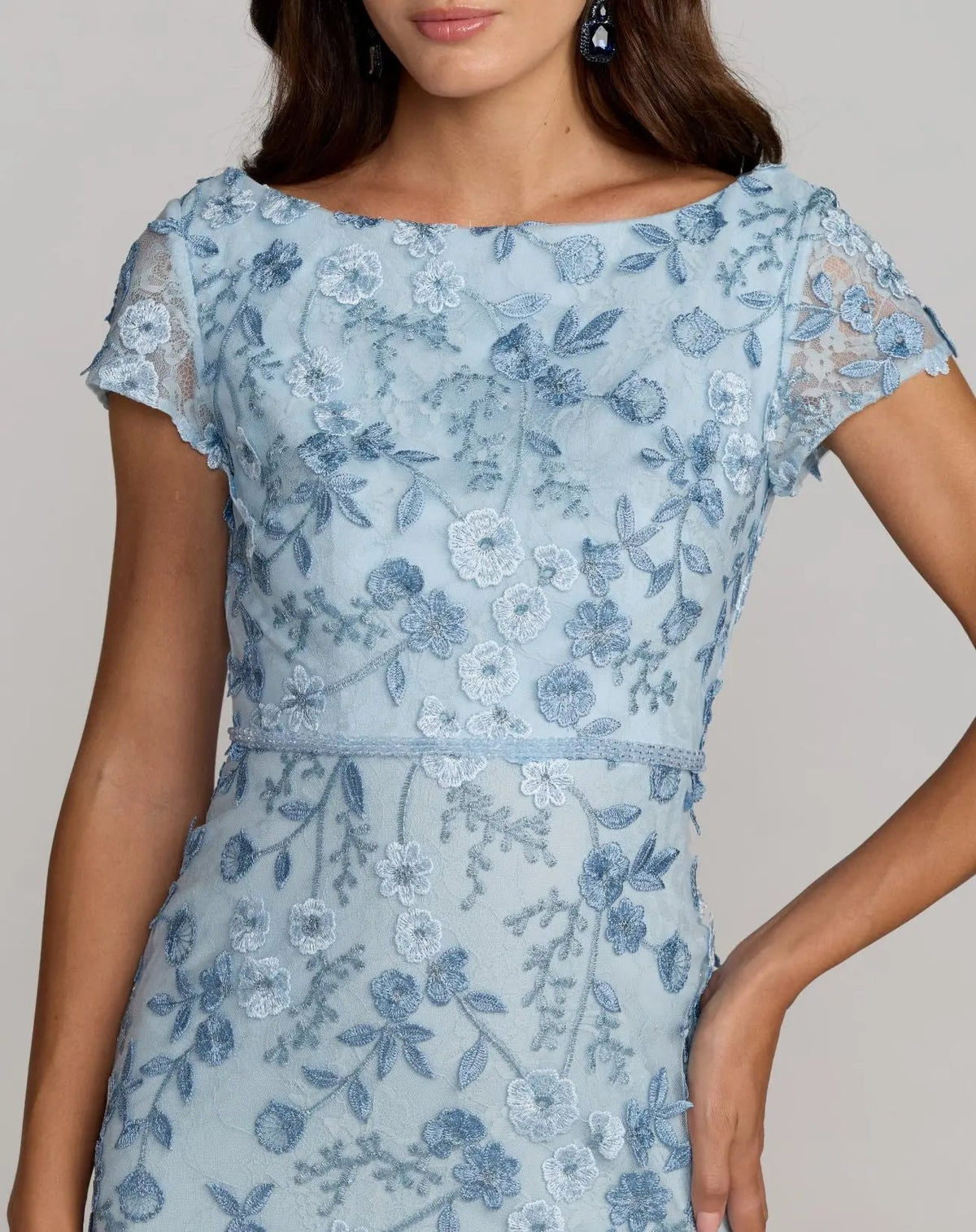 Mac Duggal Petite Blue Floral Applique Boat Neck Cap Sleeve Gown
