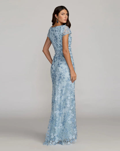 Mac Duggal Petite Blue Floral Applique Boat Neck Cap Sleeve Gown