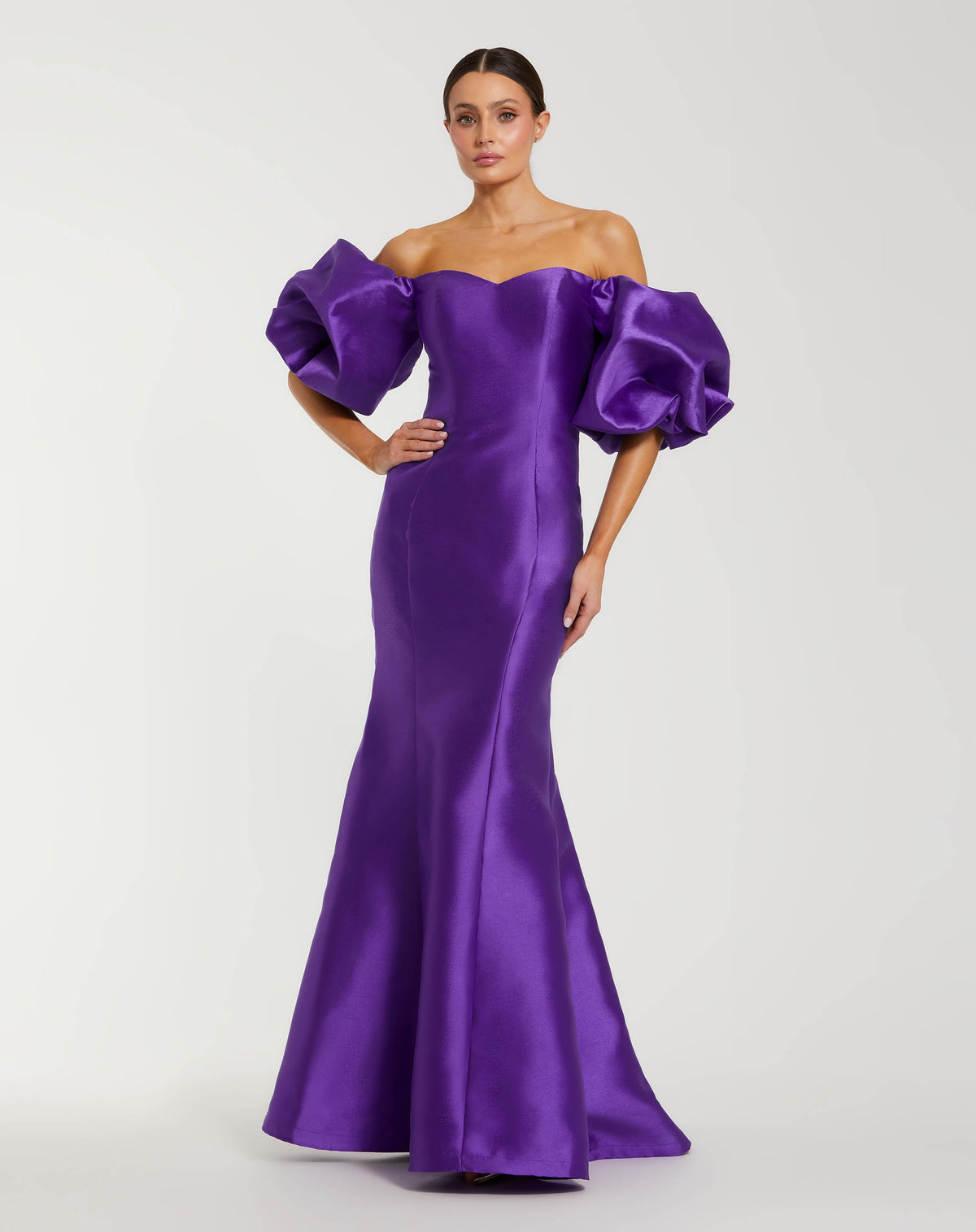 Mac Duggal Dark Purple Sweetheart Off The Shoulder Puff Sleeve Gown