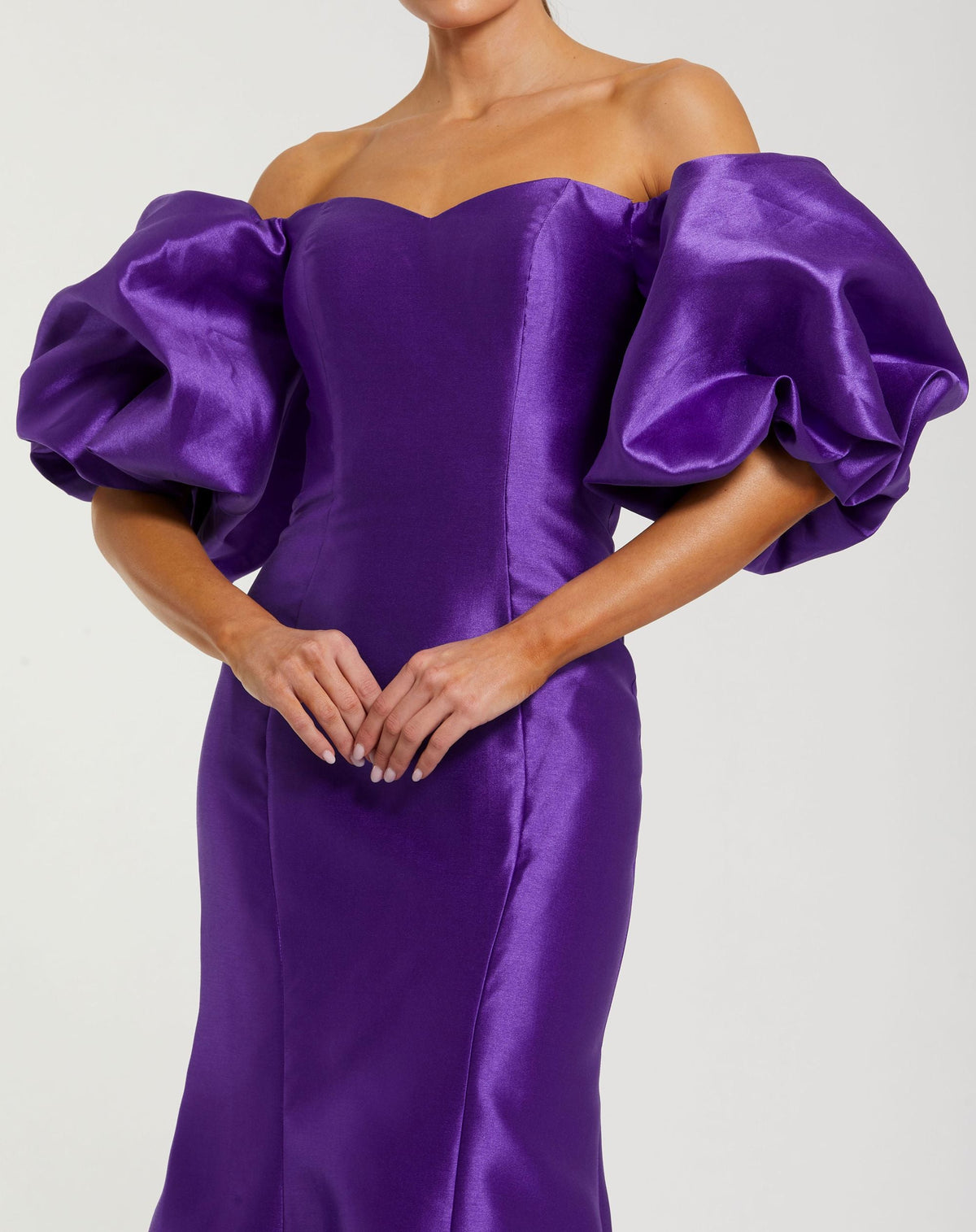 Mac Duggal Dark Purple Sweetheart Off The Shoulder Puff Sleeve Gown