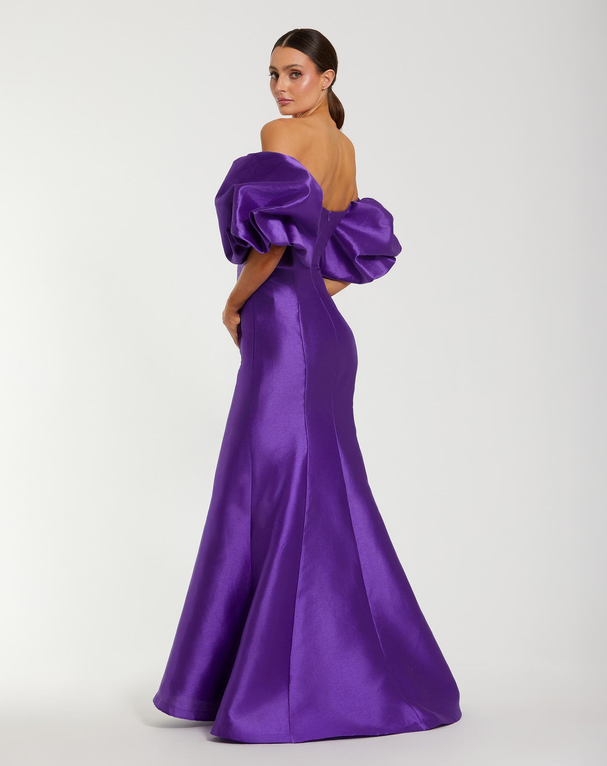 Mac Duggal Dark Purple Sweetheart Off The Shoulder Puff Sleeve Gown
