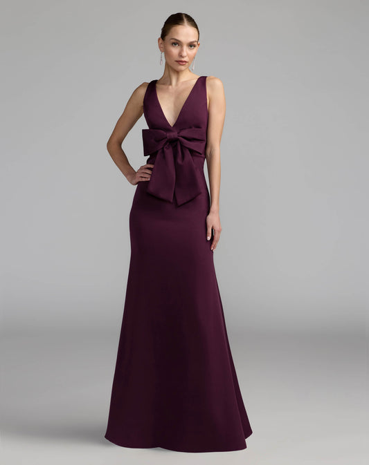 Mac Duggal Purple Sleeveless V-Neck Crepe Gown with Bow