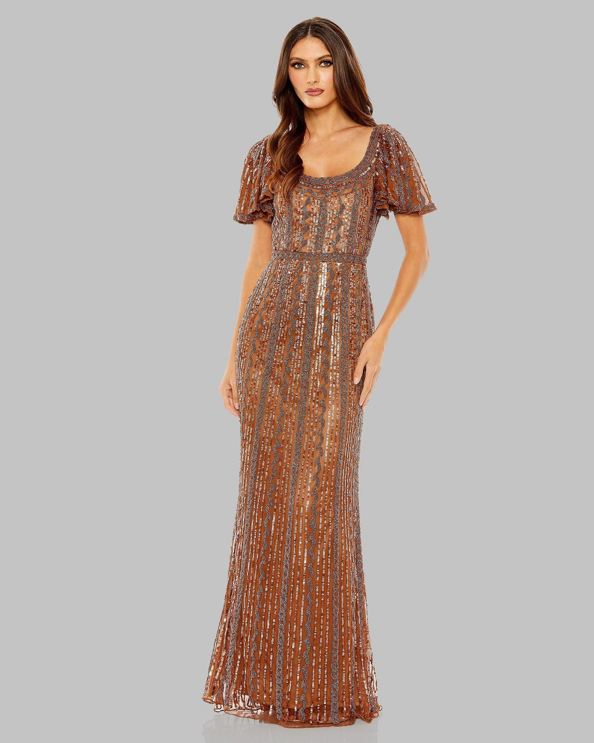 Mac Duggal Brown Beaded Flutter Sleeve Column Gown