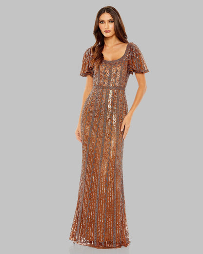 Mac Duggal Brown Beaded Flutter Sleeve Column Gown