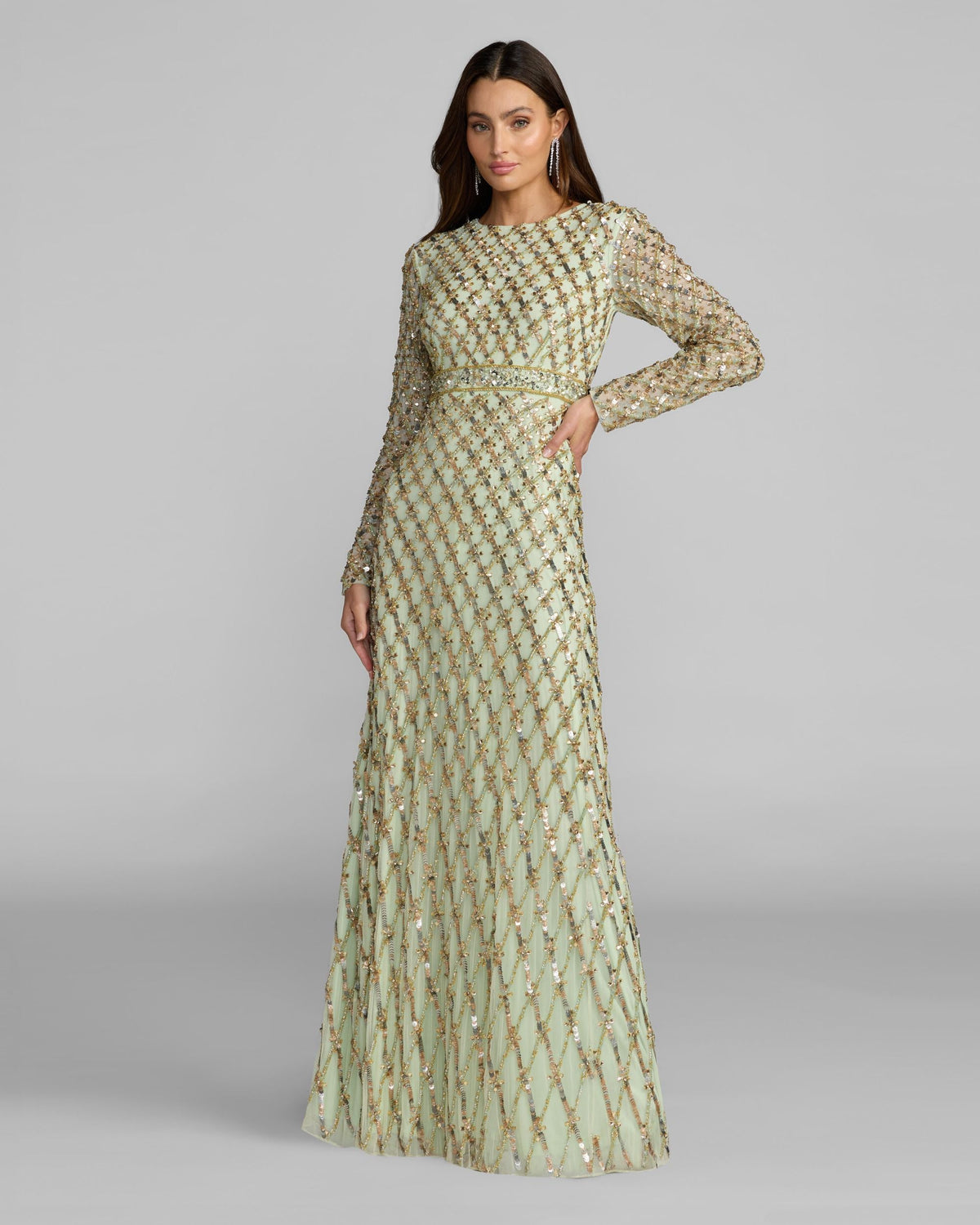 Mac Duggal Sage Green Long Sleeve High Neck Embellished Gown