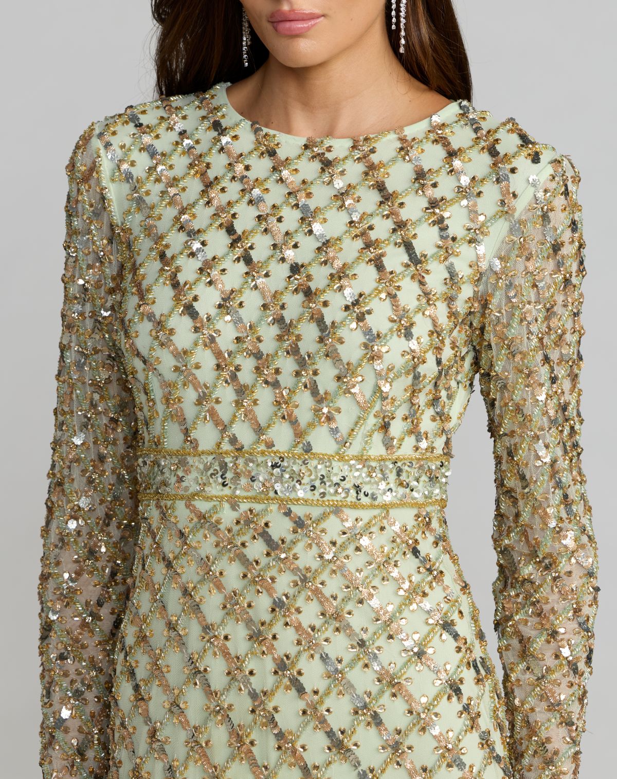 Mac Duggal Sage Green Long Sleeve High Neck Embellished Gown