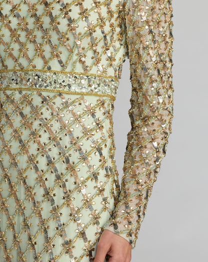 Mac Duggal Sage Green Long Sleeve High Neck Embellished Gown
